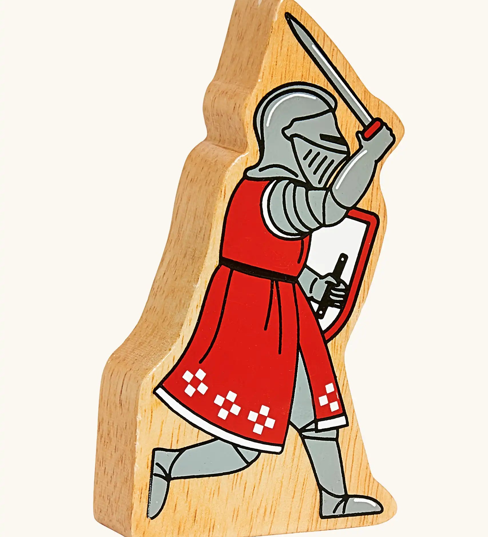 Lanka Kade red foot knight with raised sword wooden toy figure. 