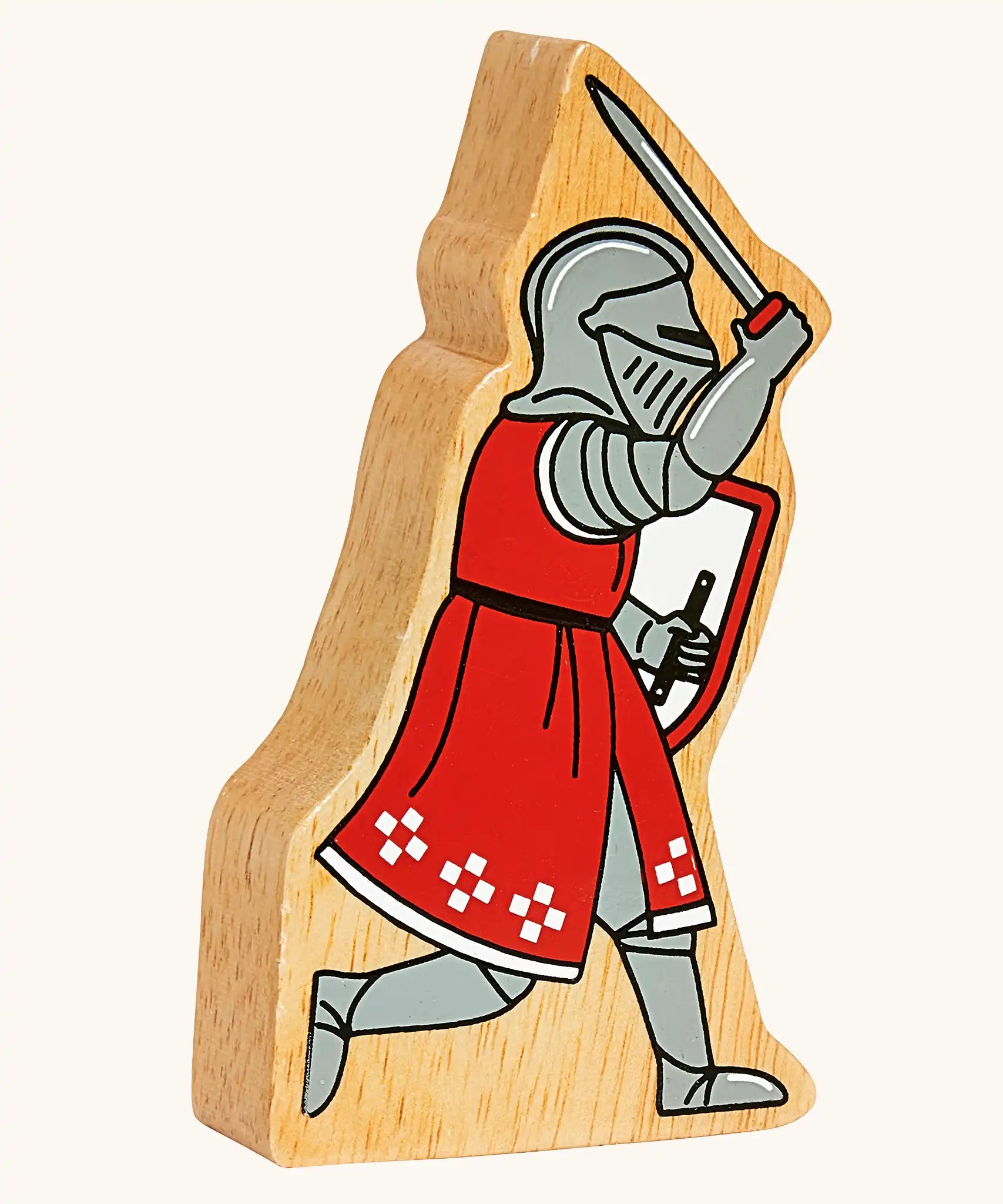 Lanka Kade red foot knight with raised sword wooden toy figure. 