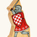 Lanka Kade red foot knight with raised sword wooden toy figure. 
