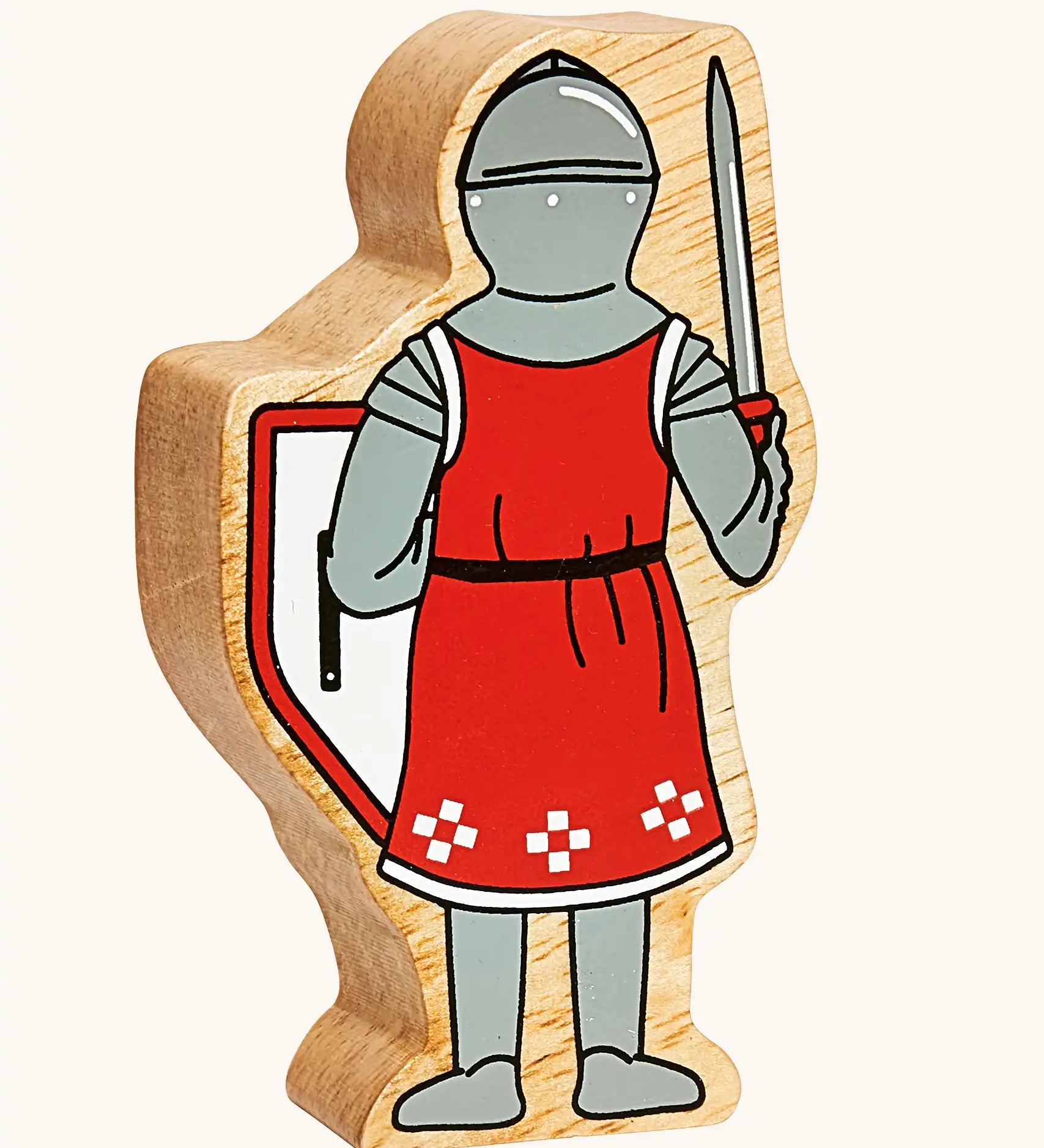 Back of the Lanka Kade red front facing knight wooden toy figure. 