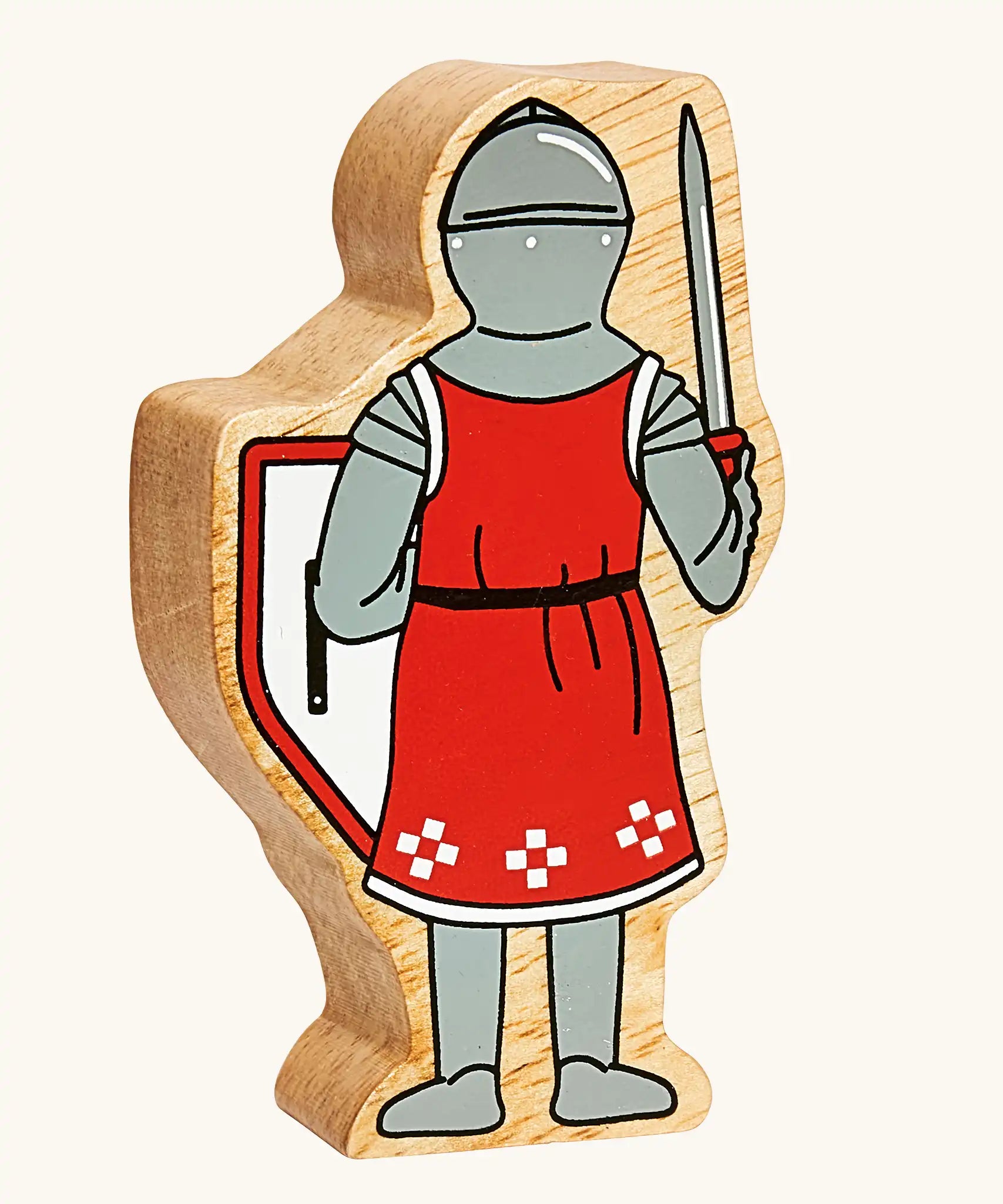 Back of the Lanka Kade red front facing knight wooden toy figure. 