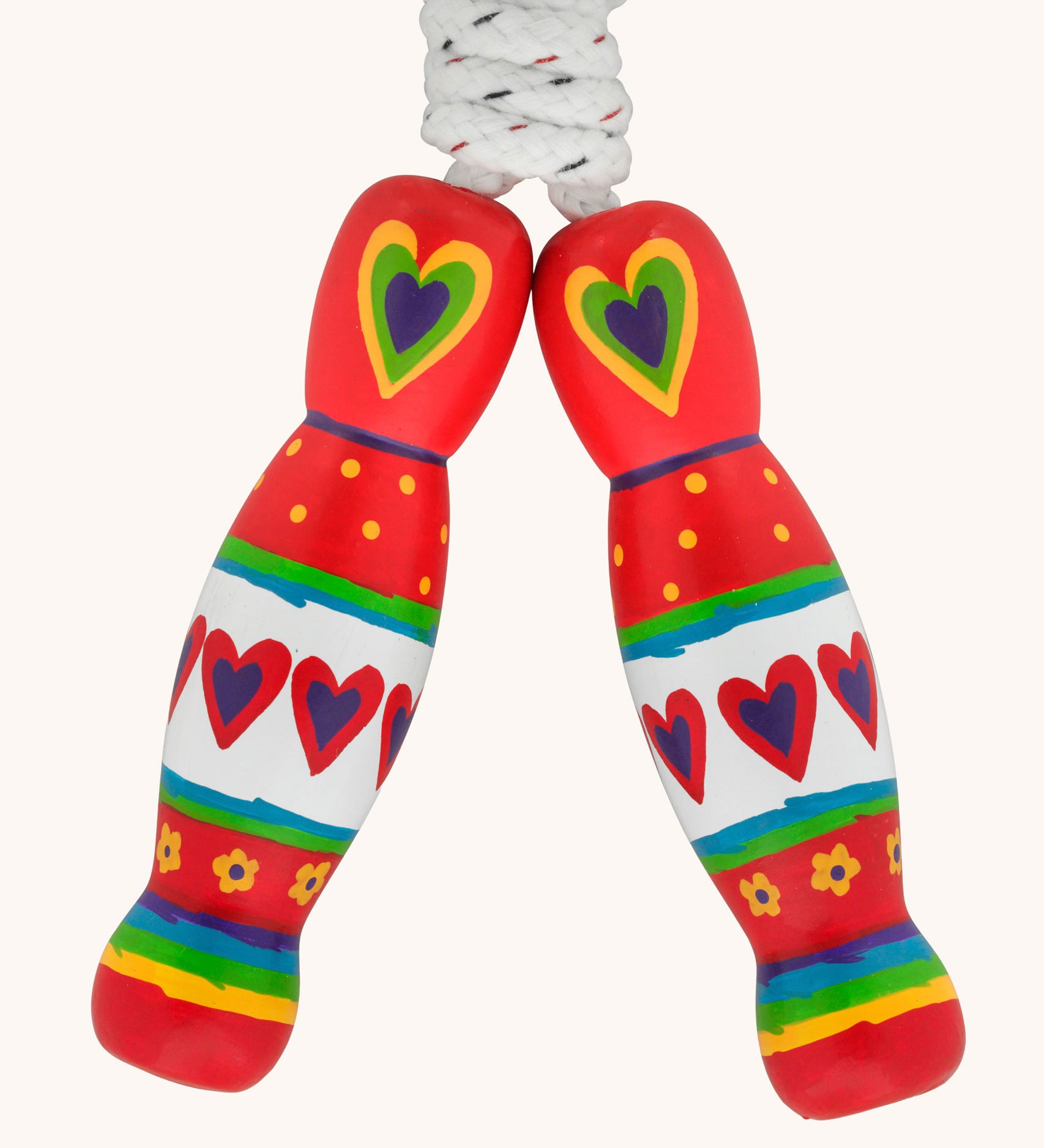 Red hearts design Lanka Kade wooden handled children's skipping rope. We are proud stockist of Lanka Kade's range or fair trade wooden toys here at Babipur. 