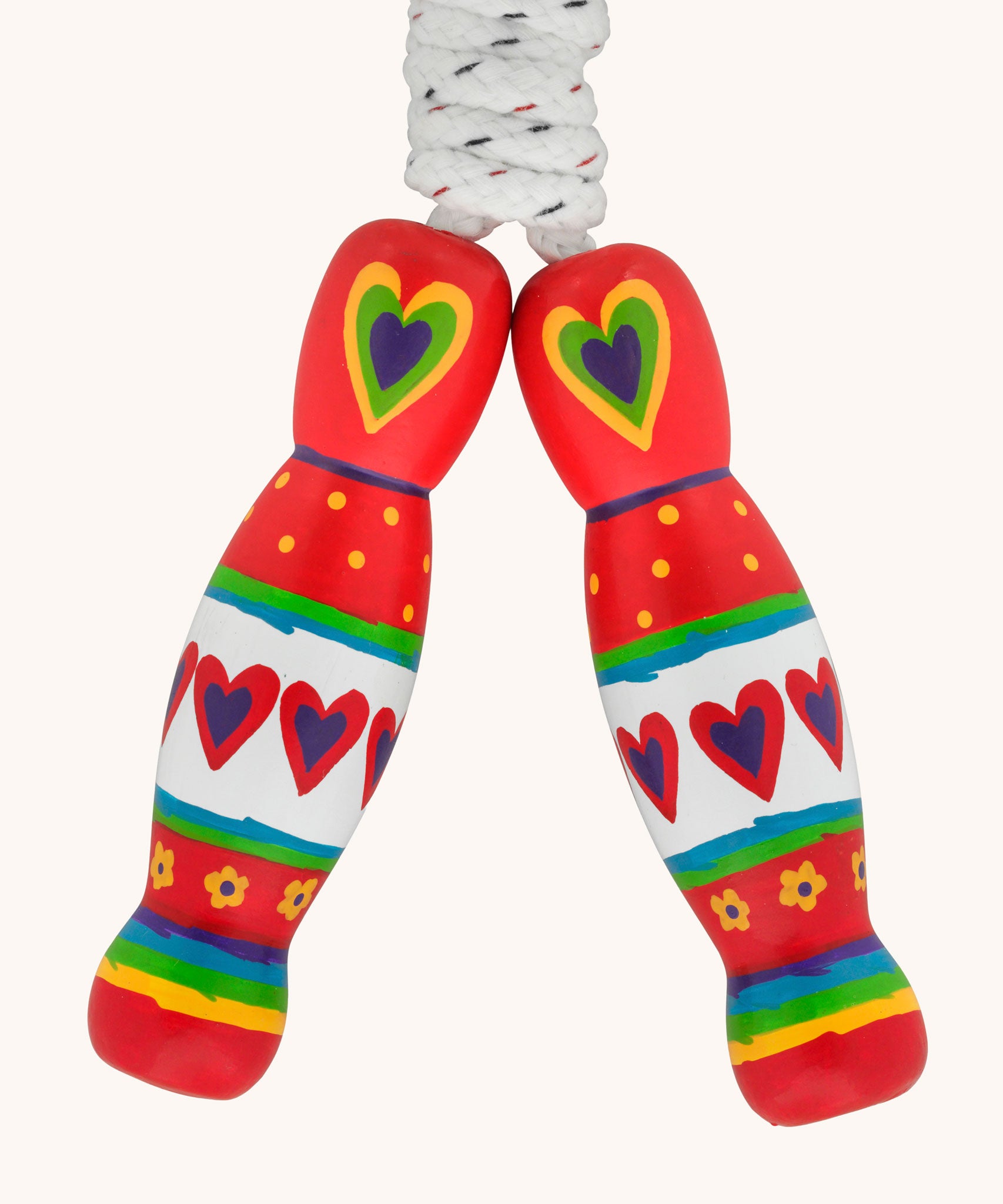 Red hearts design Lanka Kade wooden handled children's skipping rope. We are proud stockist of Lanka Kade's range or fair trade wooden toys here at Babipur. 