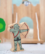 Lanka Kade wooden red armoured knight archer figure with a wooden castle set in the background