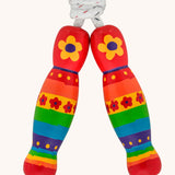 Red rainbow and flowers design Lanka Kade wooden handled children's skipping rope. We are proud stockist of Lanka Kade's range or fair trade wooden toys here at Babipur. 