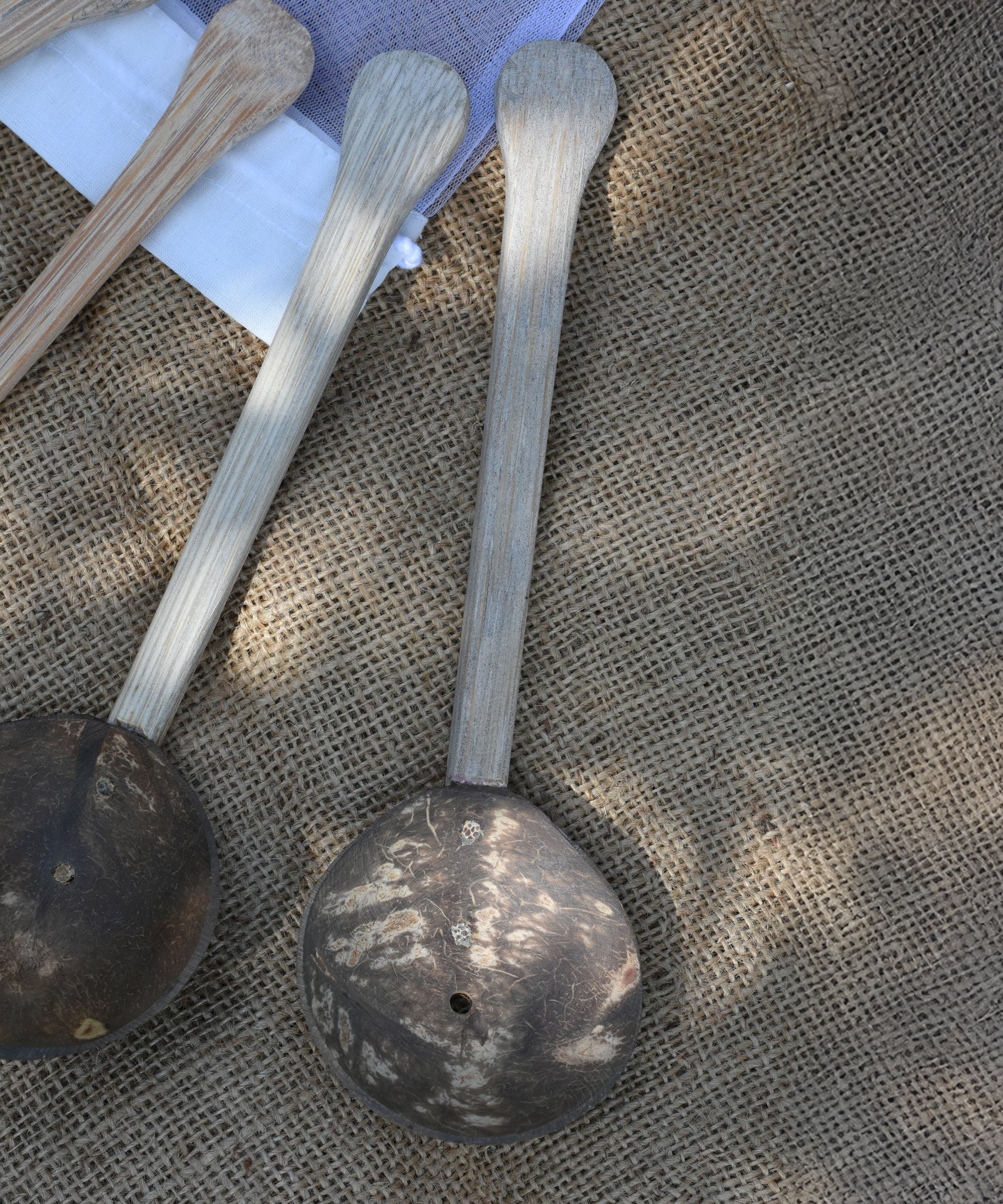 A close up of on of the utensils from the Lanka Kade coconut shell utensil set. 