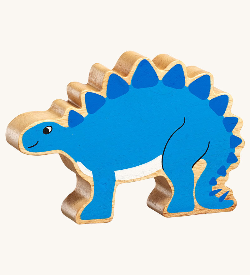A blue Lanka Kade Stegosaurus wooden toy figure. These wooden toy figures are part of a huge range of Lanka Kade fair trade, wooden toys available here at Babipur.
