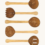 Lanka Kade coconut 5 piece utensils set. Comes with 5 different coconut utensils on wooden handles 