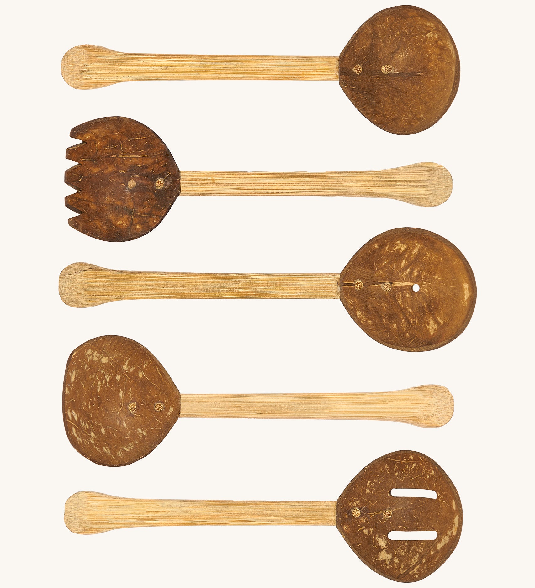 Lanka Kade coconut 5 piece utensils set. Comes with 5 different coconut utensils on wooden handles 