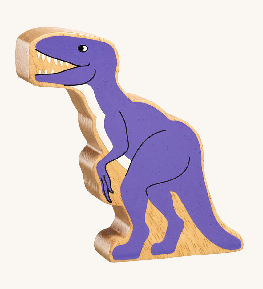 A Lanka Kade velociraptor purple dinosuar wooden toy figure. These wooden toy figures are part of a huge range of Lanka Kade fair trade, wooden toys available here at Babipur.