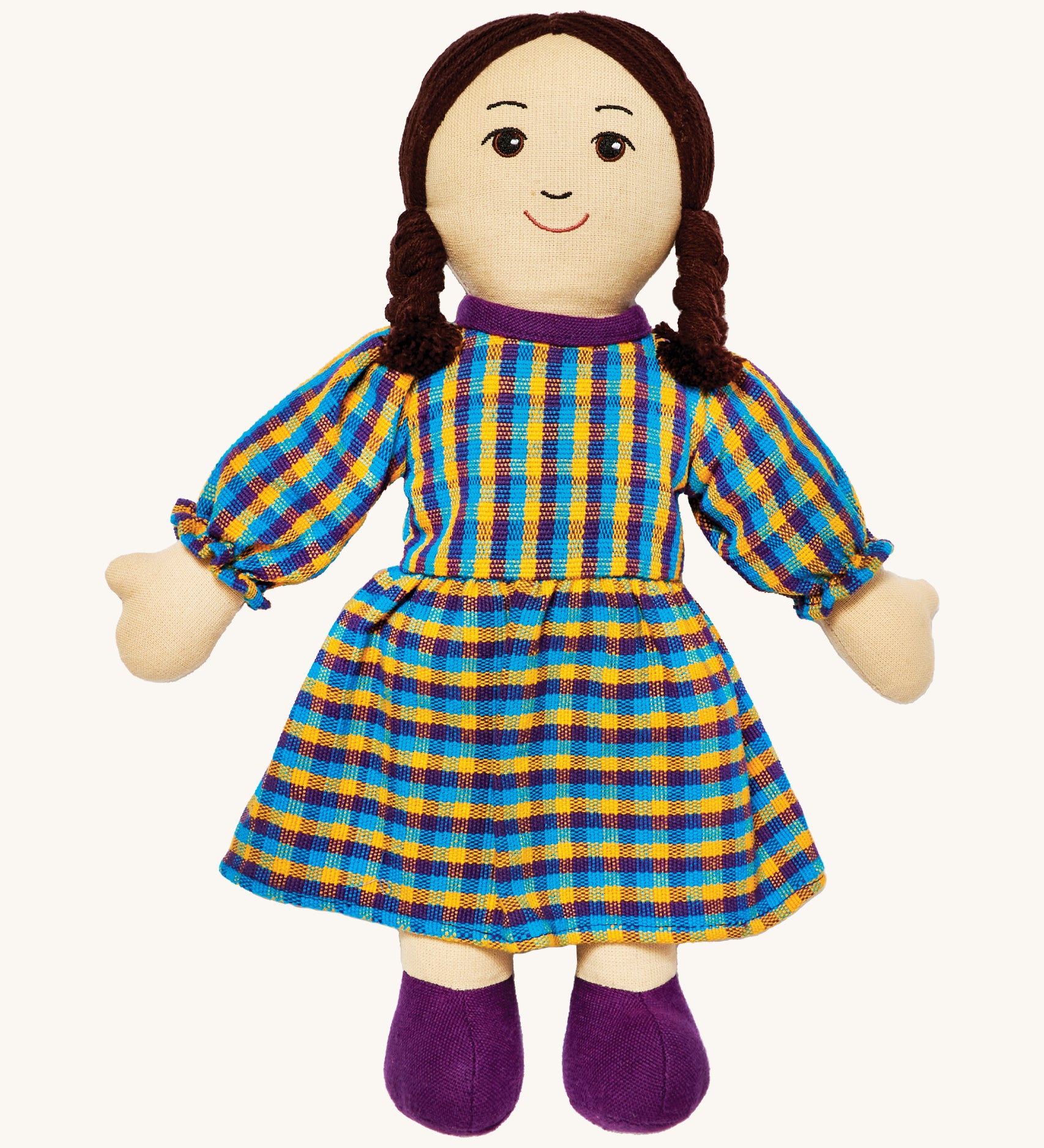 Lanka Kade mum doll with white skin and long black hair. Features a long dress in a multicoloured check style and stitched on shoes. 