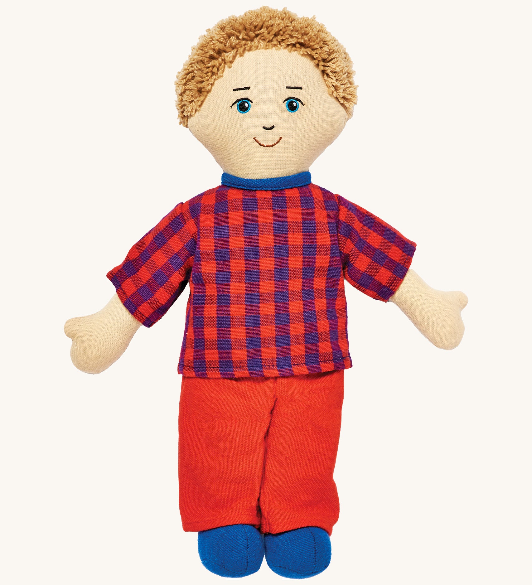 Lanka Kade dad doll with white skin and short blonde hair. Features a short sleeve top in a multicoloured check style, coloured trousers and stitched on shoes. 