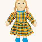 Lanka Kade mum doll with white skin and long blonde hair. Features a long dress in a multicoloured check style and stitched on shoes. 