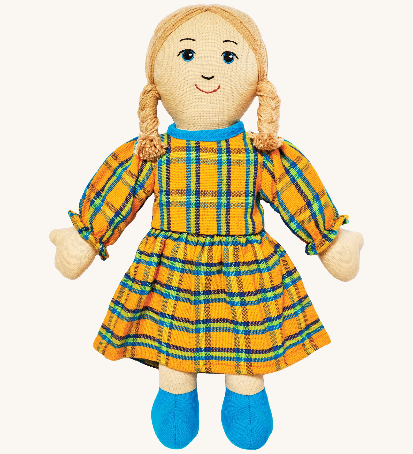 Lanka Kade mum doll with white skin and long blonde hair. Features a long dress in a multicoloured check style and stitched on shoes. 