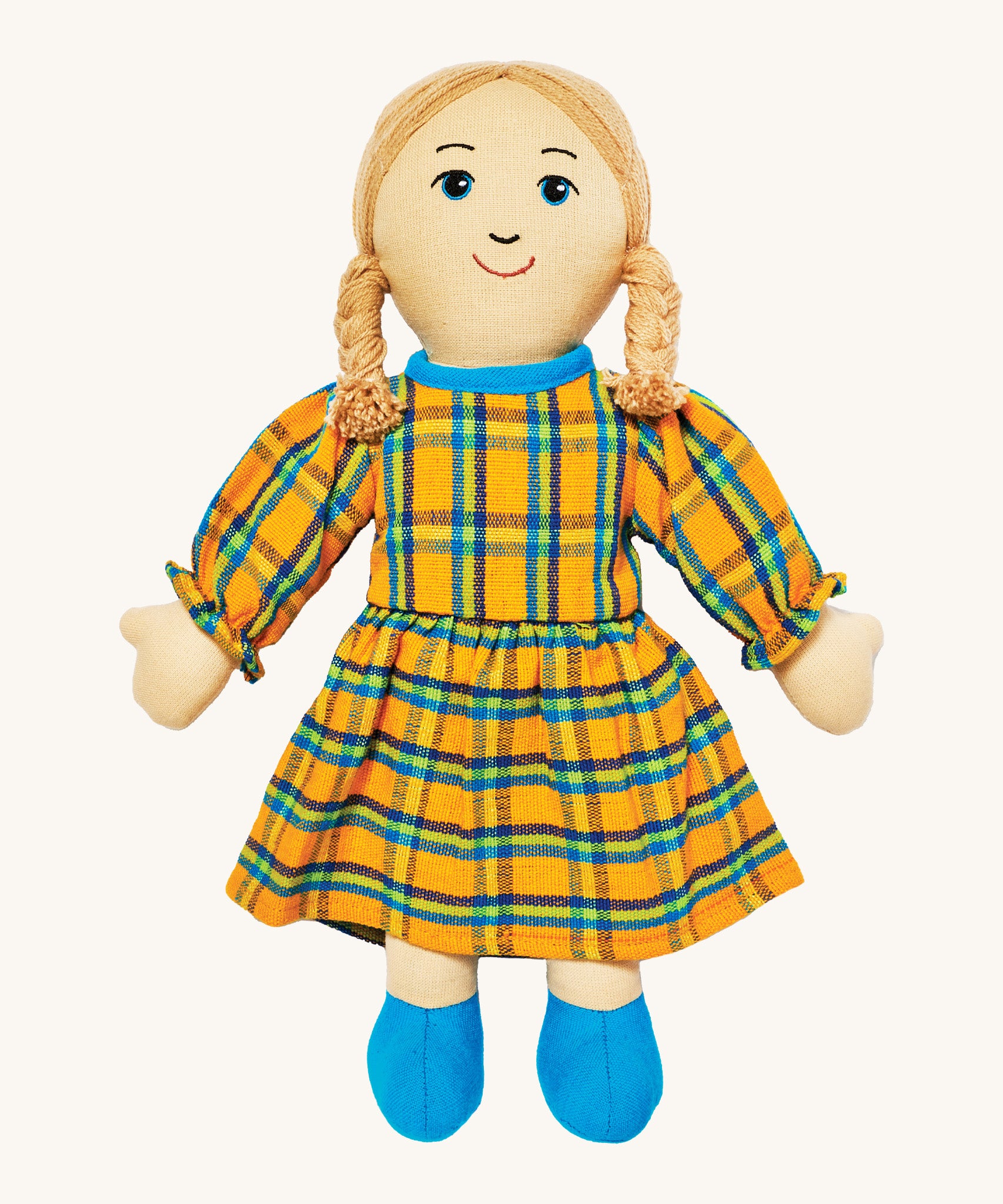 Lanka Kade mum doll with white skin and long blonde hair. Features a long dress in a multicoloured check style and stitched on shoes. 