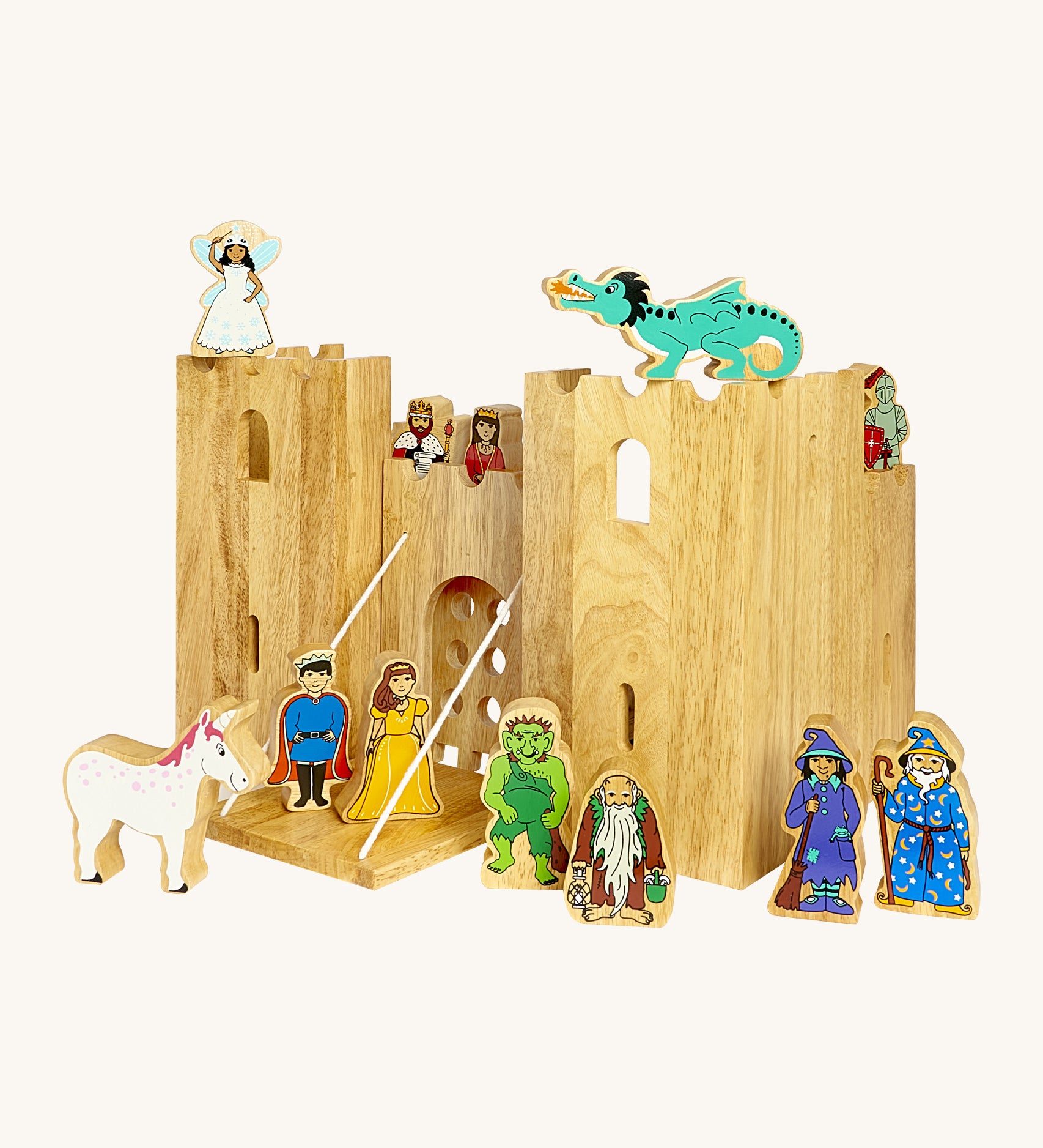 Lanka Kade wooden castle set with 12 wooden figures including a fairy, king and queen, dragon, knight, wizard, witch, gremlin, troll, prince and princess and a unicorn figure. Castle features 2 walls and a drawbridge with a lowering gate