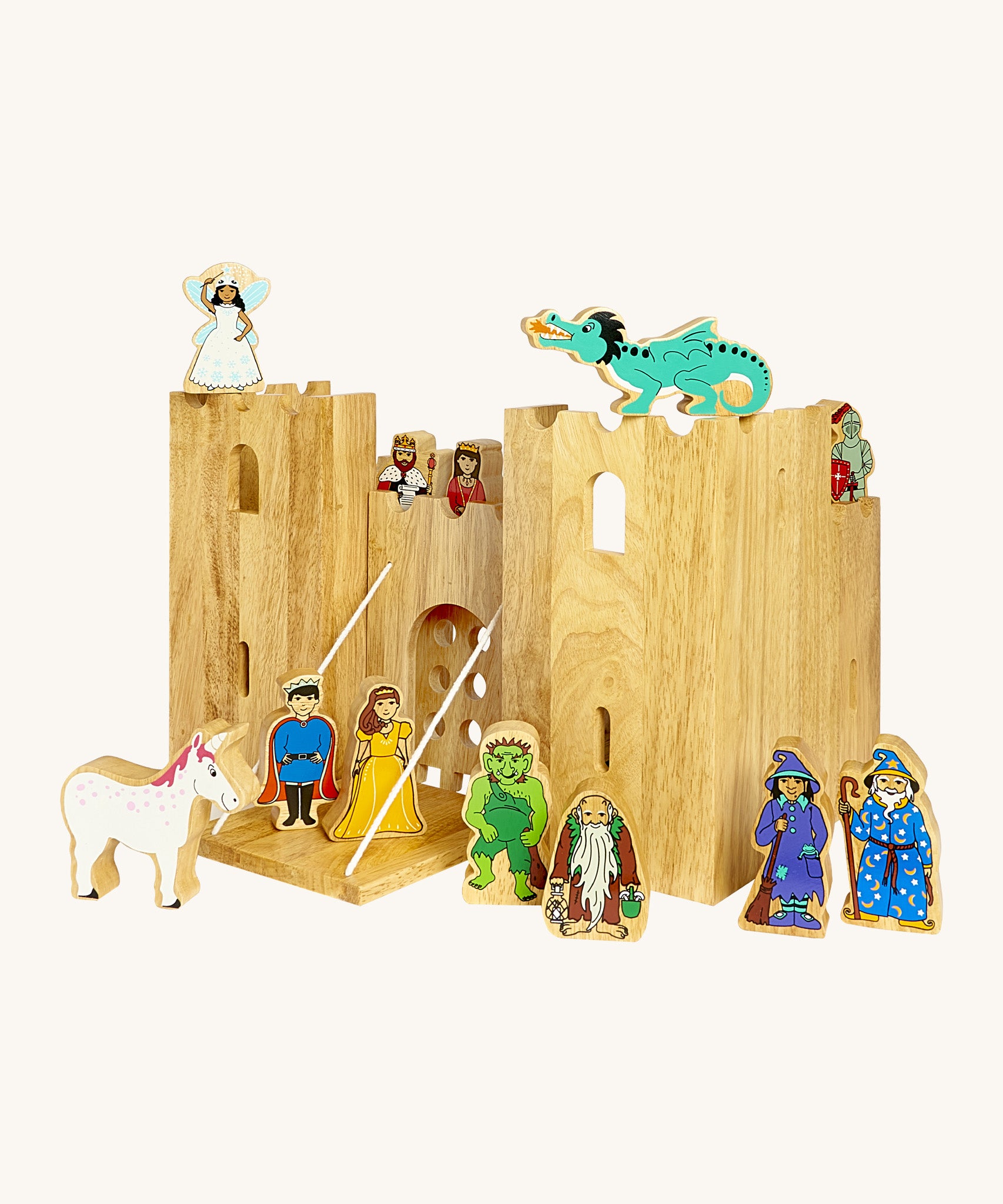 Lanka Kade wooden castle set with 12 wooden figures including a fairy, king and queen, dragon, knight, wizard, witch, gremlin, troll, prince and princess and a unicorn figure. Castle features 2 walls and a drawbridge with a lowering gate