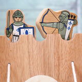 Lanka Kade wooden blue armoured knight archer standing next to a standing knight figure on top of a wooden castle