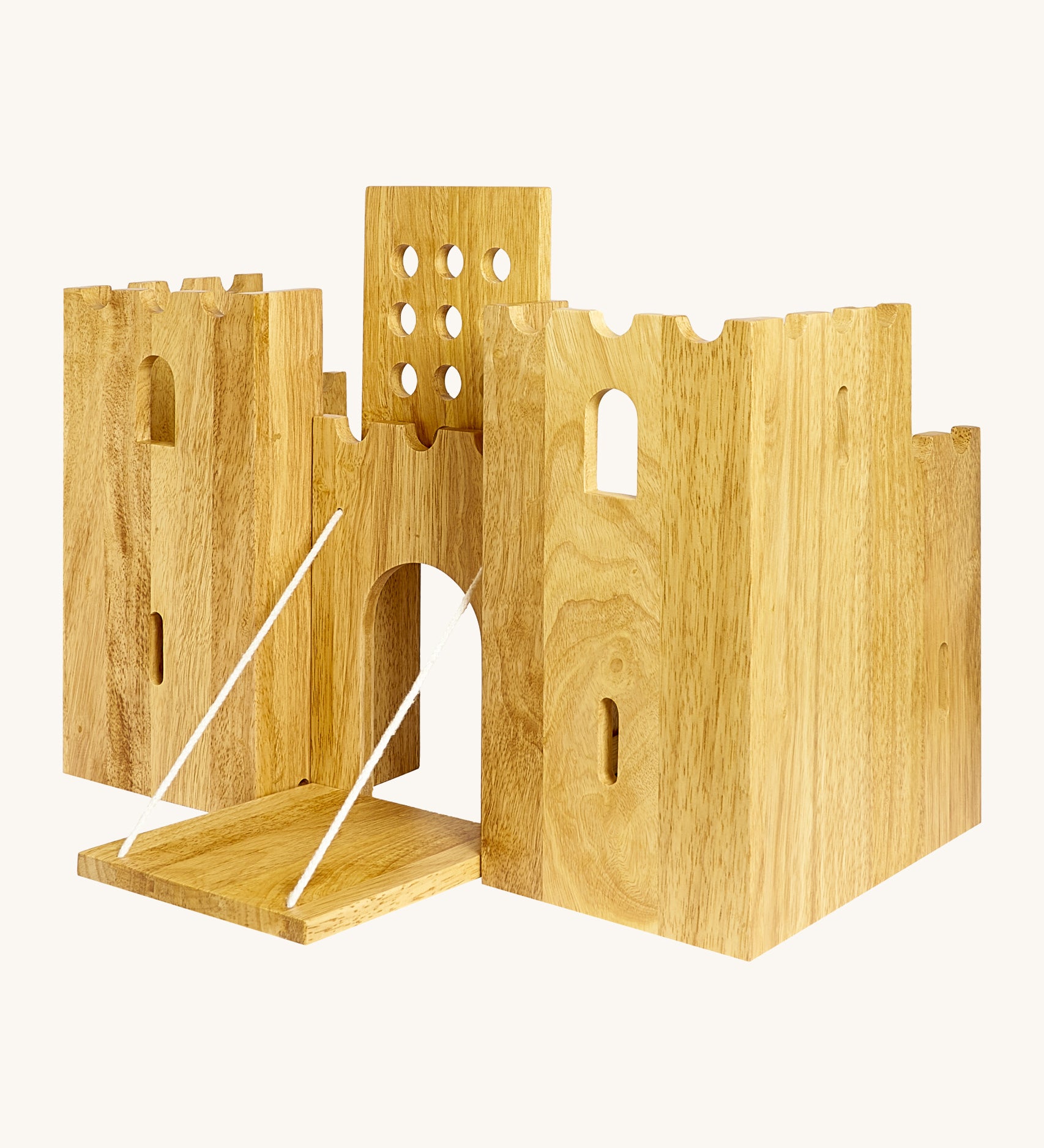 Side view of the  wooden Lanka Kade castle showing the corner walls with window holes, the lowered drawbridge and the gate lifted