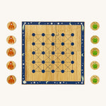 Lanka Kade cosmic wooden board game. A wooden square board game with 5 orange rocket ship and green alien circular counters next to the board. 