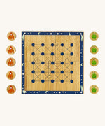 Lanka Kade cosmic wooden board game. A wooden square board game with 5 orange rocket ship and green alien circular counters next to the board. 