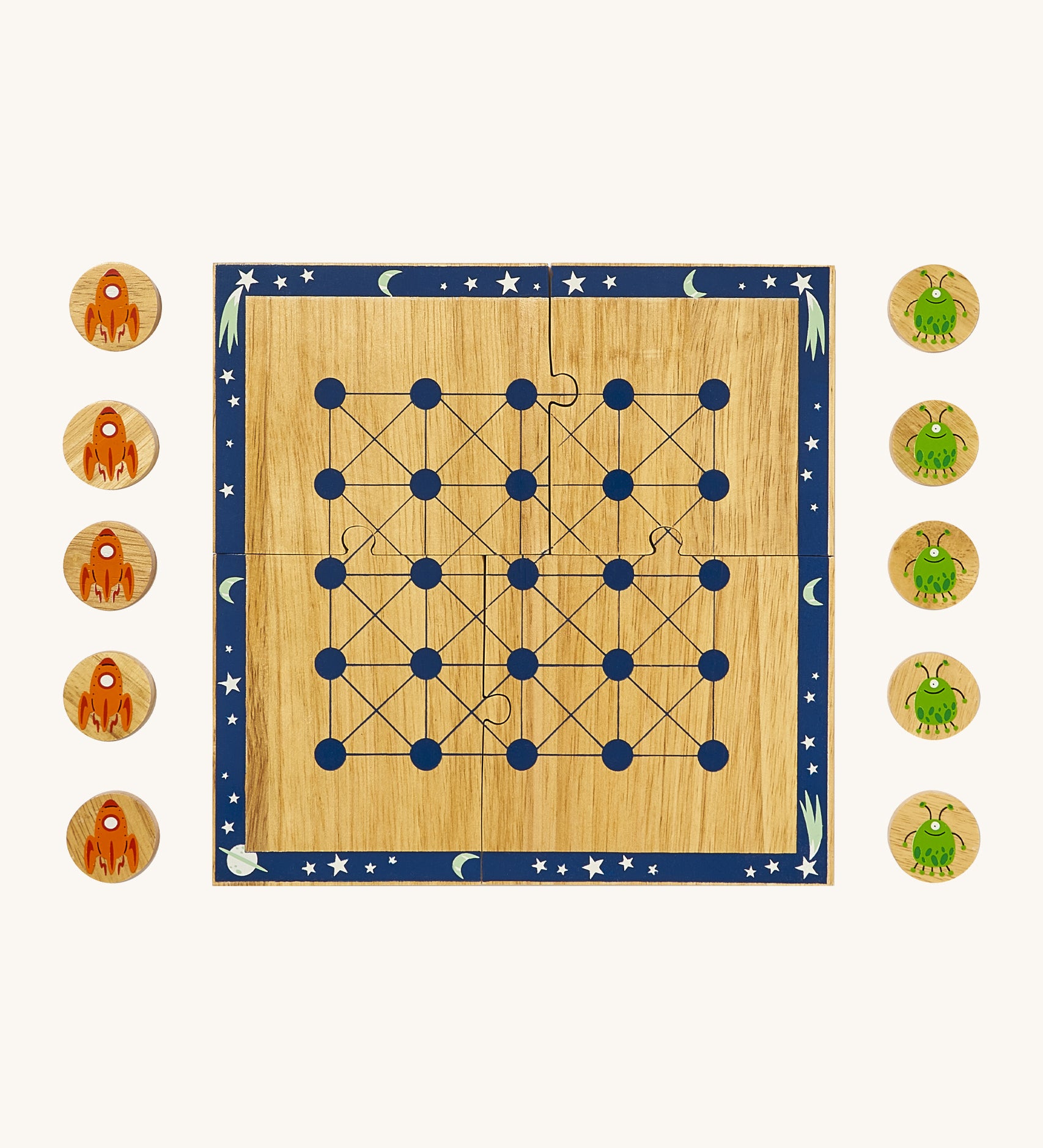 Lanka Kade cosmic wooden board game. A wooden square board game with 5 orange rocket ship and green alien circular counters next to the board. 