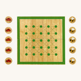 Lanka Kade minibeast wooden board game. A wooden square board game with 5 lady bird and bee circular coloured counters next to the board. 