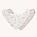 Two Lassig organic dribble bandana bibs, one has a goose pattern and the other has a floral pattern. 