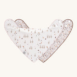 Two Lassig organic dribble bandana bibs, one has a goose pattern and the other has a floral pattern. 