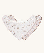Two Lassig organic dribble bandana bibs, one has a goose pattern and the other has a floral pattern. 