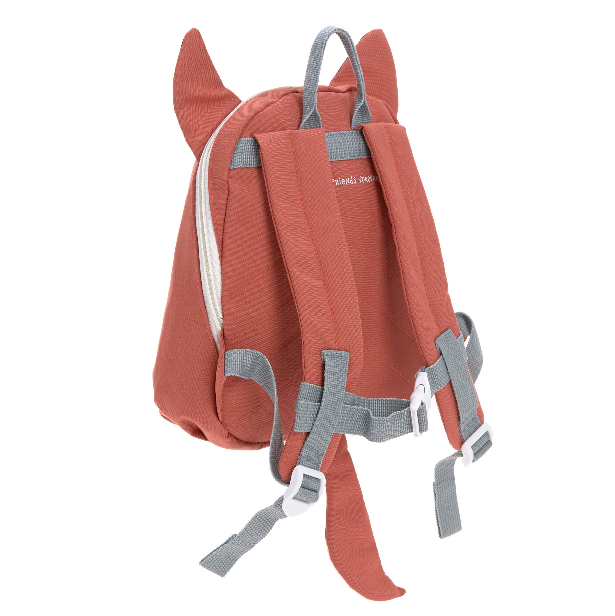 The back of the Lassig 'About Friends' Fox tiny backpack, with 3D fox ears and a hanging fox tail.