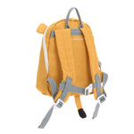 The back of the Lassig 'About Friends' tiny kids backpack in a yellow lion style, with 3D lion ears and a hanging tail.