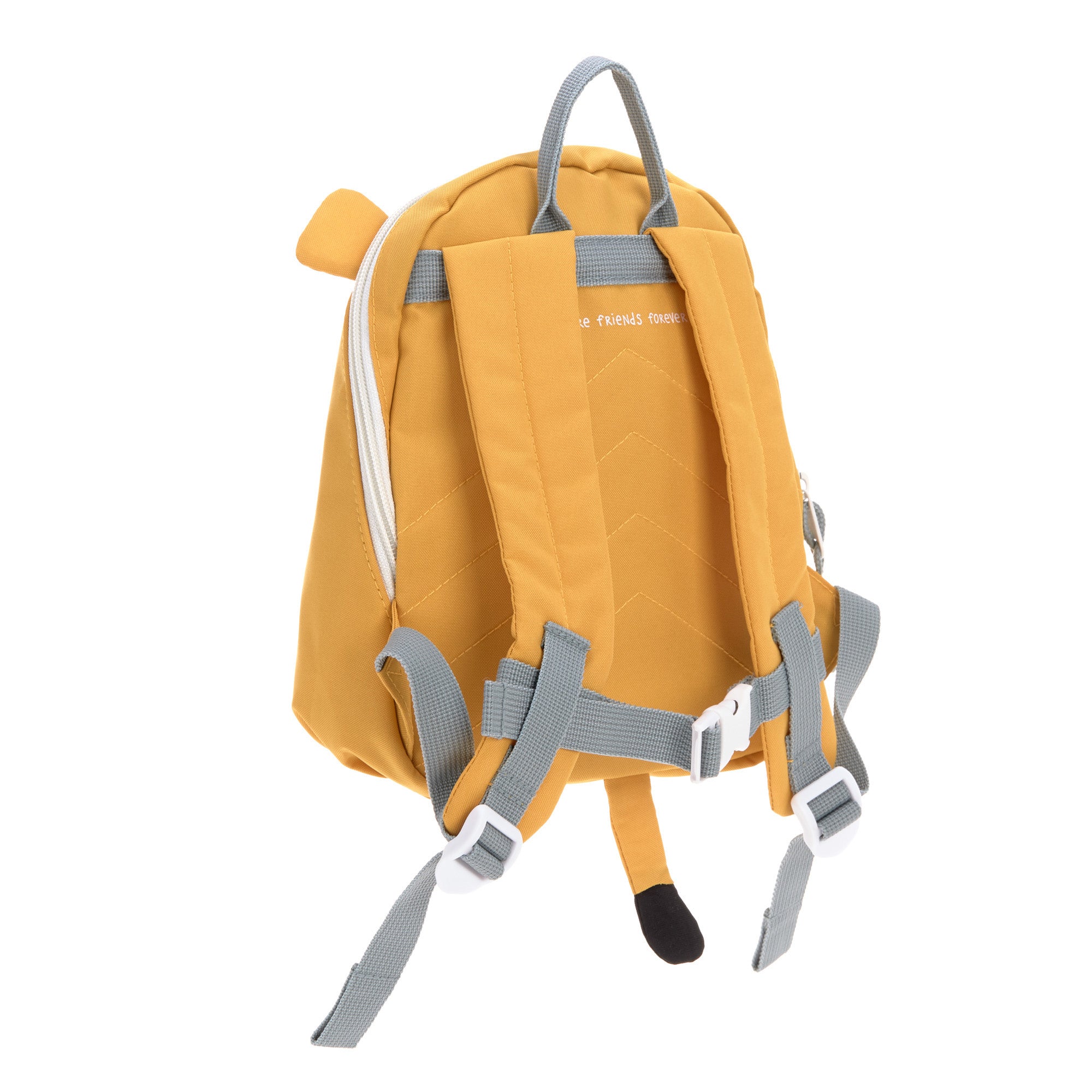 The back of the Lassig 'About Friends' tiny kids backpack in a yellow lion style, with 3D lion ears and a hanging tail.