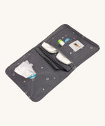 The Lassig recycled polyester baby change pouch in a dark anthracite grey, opened to show to inside pockets and compartments.