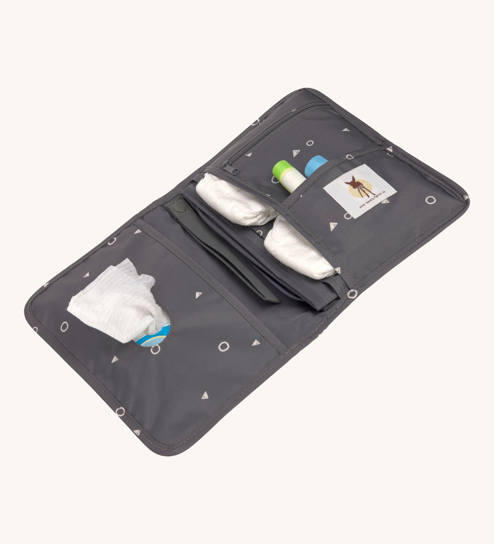The Lassig recycled polyester baby change pouch in a dark anthracite grey, opened to show to inside pockets and compartments.