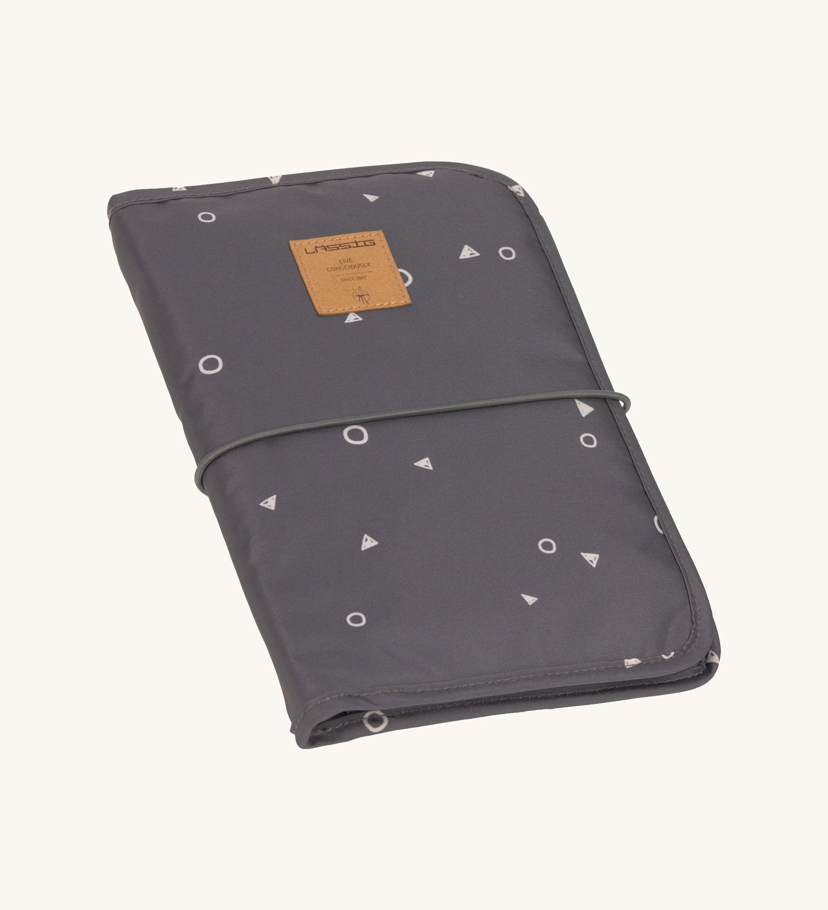 The Lassig recycled polyester baby change pouch in a dark anthracite grey.