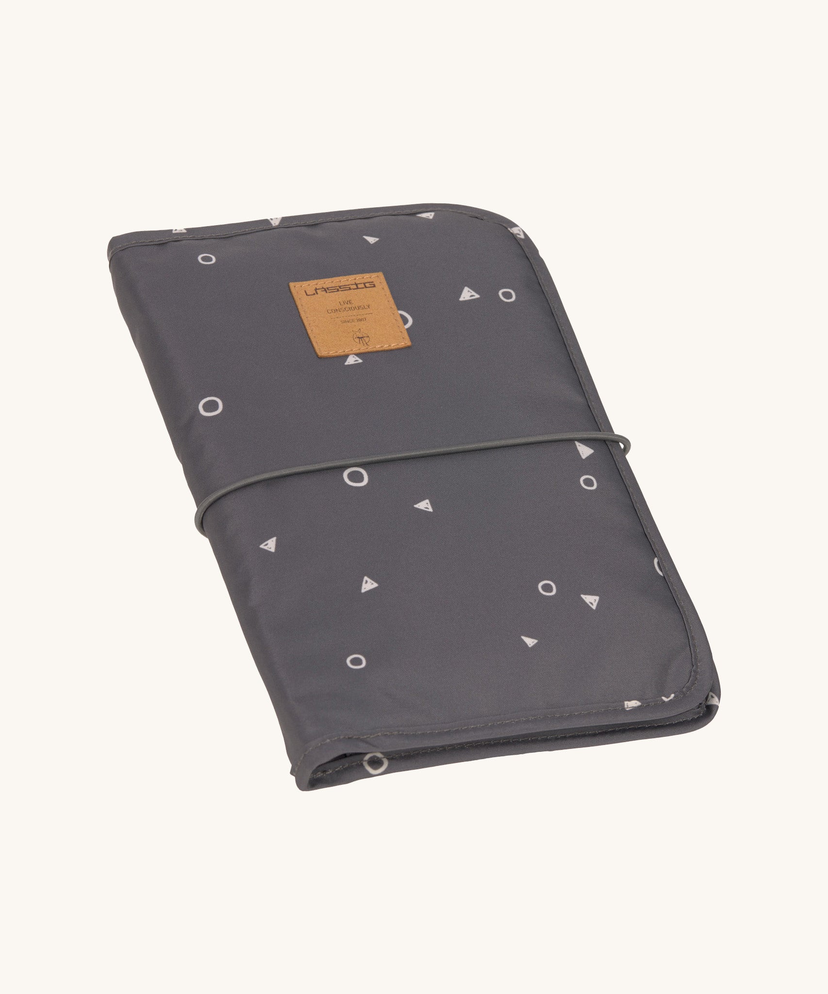 The Lassig recycled polyester baby change pouch in a dark anthracite grey.