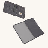 The Lassig recycled polyester baby change pouch in a dark anthracite grey, and the change mat that comes with it.