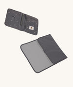 The Lassig recycled polyester baby change pouch in a dark anthracite grey, and the change mat that comes with it.