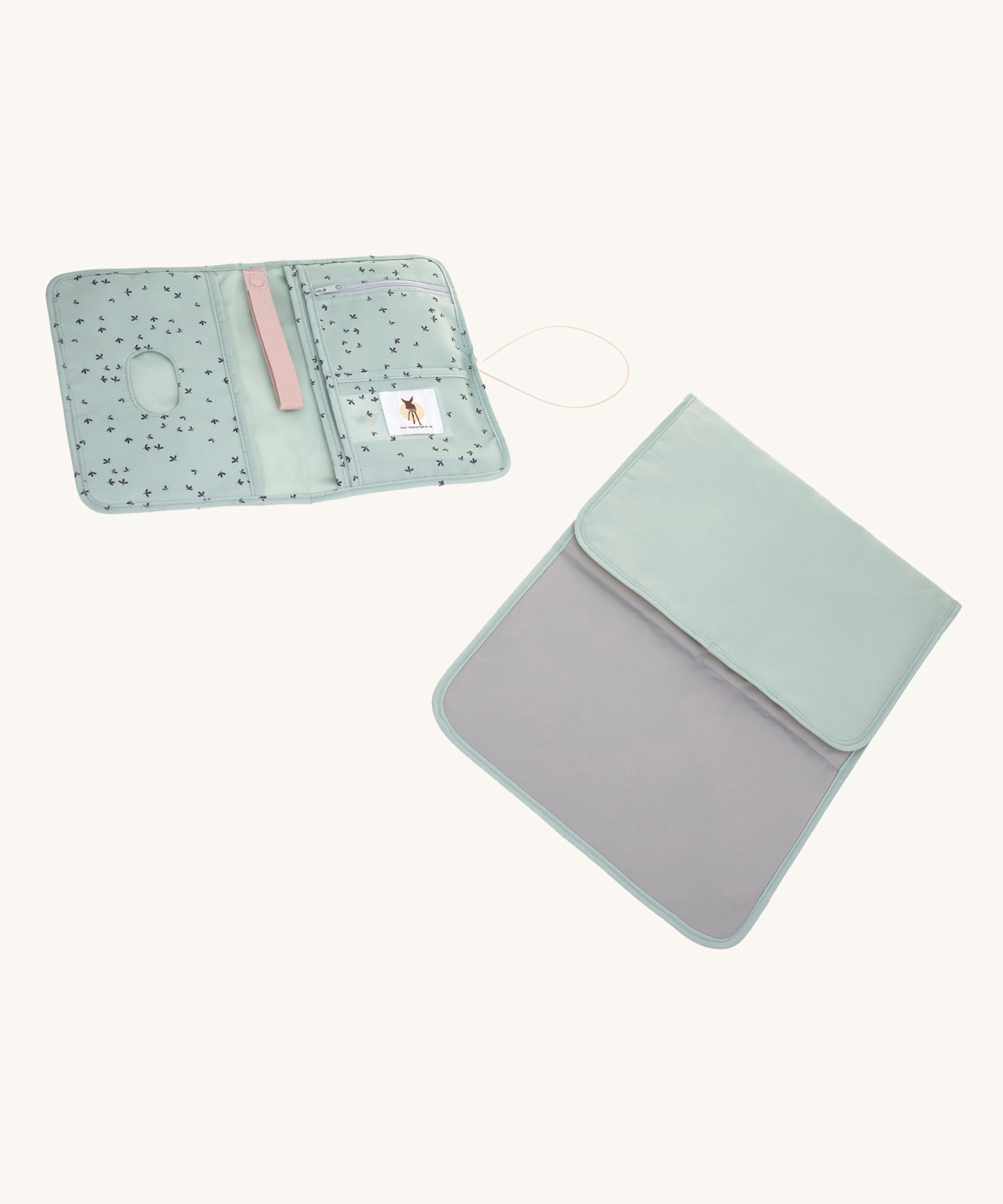 The Lassig baby changing pouch made from 100% recycled polyester, in a floral mint green pattern., with the matching baby change mat.