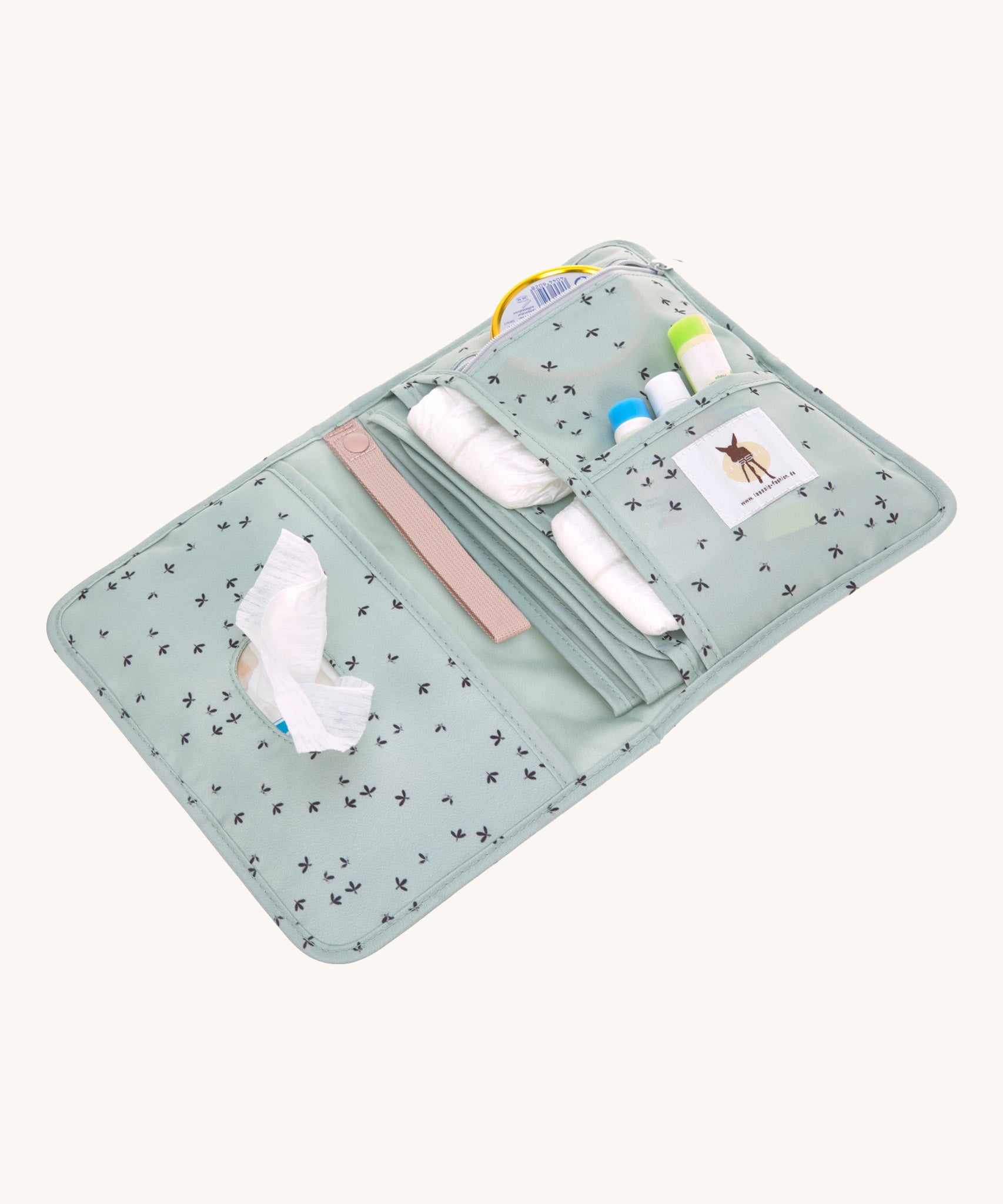 The Lassig baby changing pouch made from 100% recycled polyester, in a floral mint green pattern, opened to show the pockets and compartments.