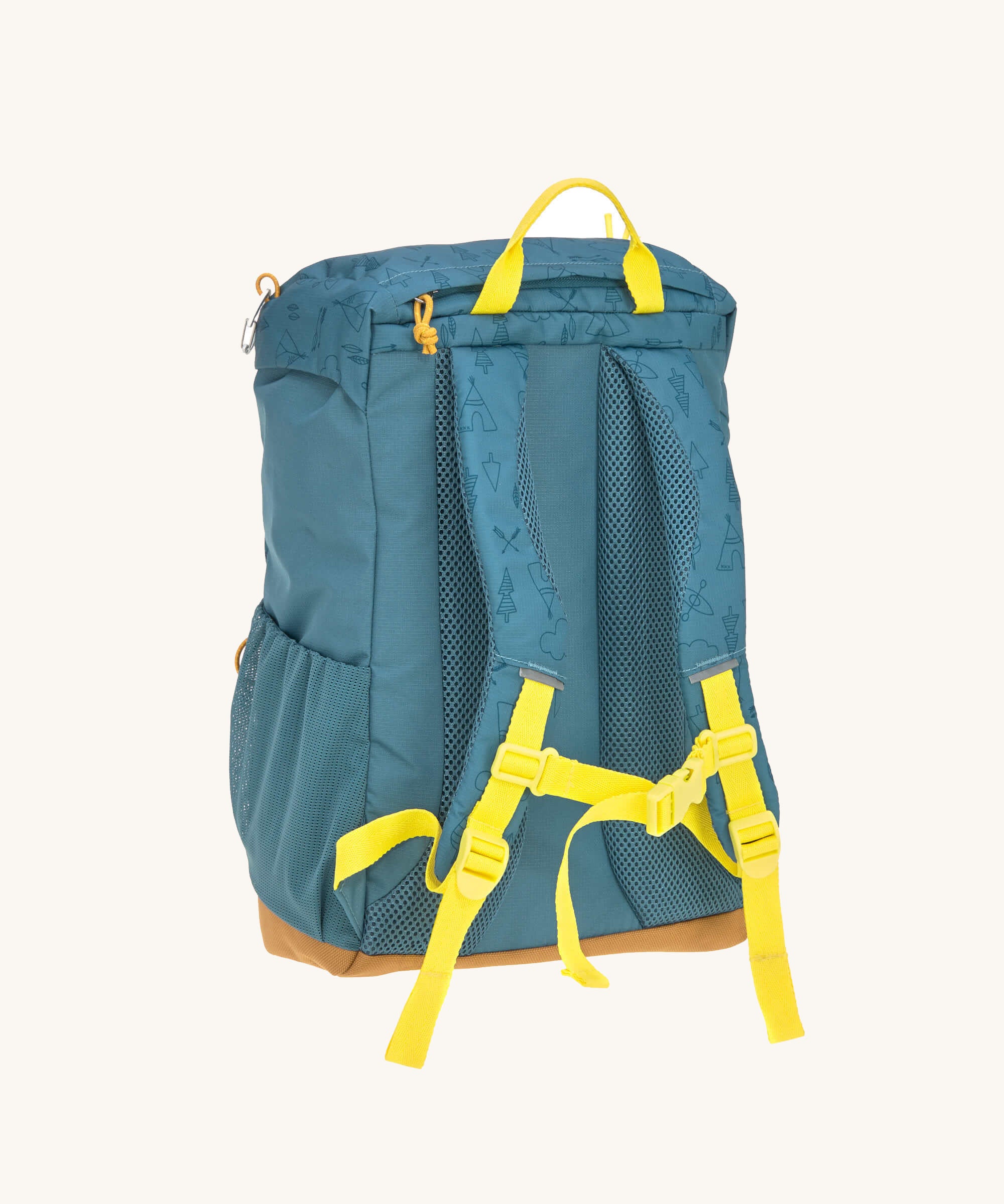 The back of the Lassig kids big outdoor backpack in Adventure Blue, with a coat secured under the front strap. These children's backpacks are part of a wide range available at Babipur.
