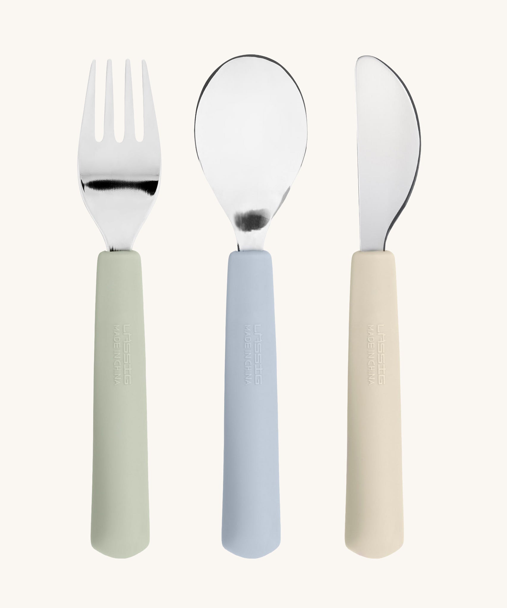 The back of the Lassig Cutlery with Silicone Handle  featuring Happy Fruits Lemon design. This children's cutlery set is part of a wide range of tableware available at Babipur.