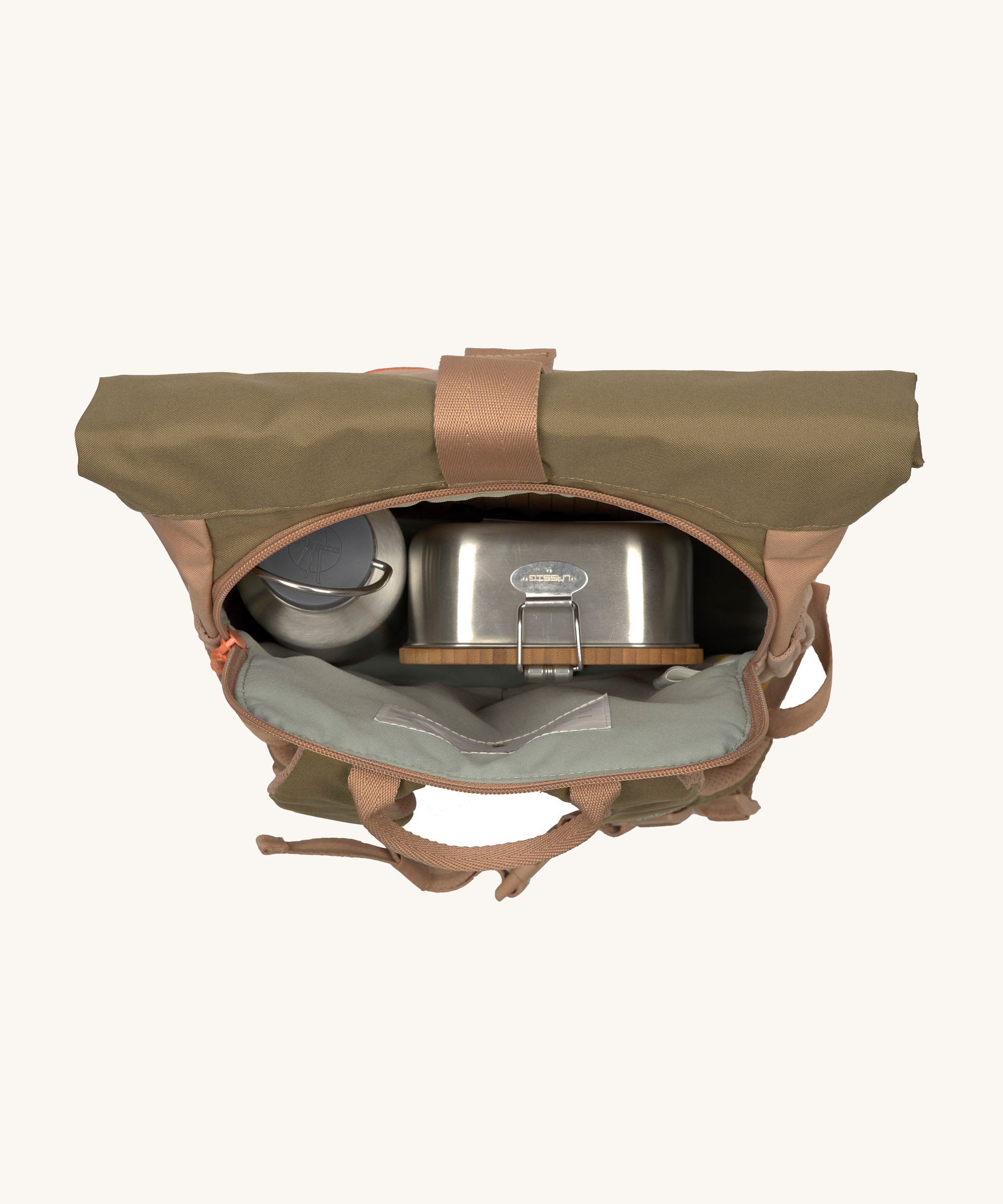 The Lassig Mini Rolltop Backpack in a Nature Hazelnut colour shown with a stainless steel lunchbox and bottle inside. This children's bag is part of a wide range of backpacks and accessories available at Babipur. 