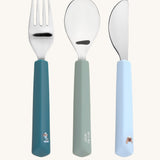 Lassig Cutlery with Silicone Handle with a Tiny Team Dog design. These green and blue coloured children's cutlery are part of a wide range of tabelware avaialable at Babipur. 