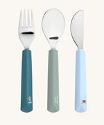 Lassig Cutlery with Silicone Handle with a Tiny Team Dog design. These green and blue coloured children's cutlery are part of a wide range of tabelware avaialable at Babipur. 