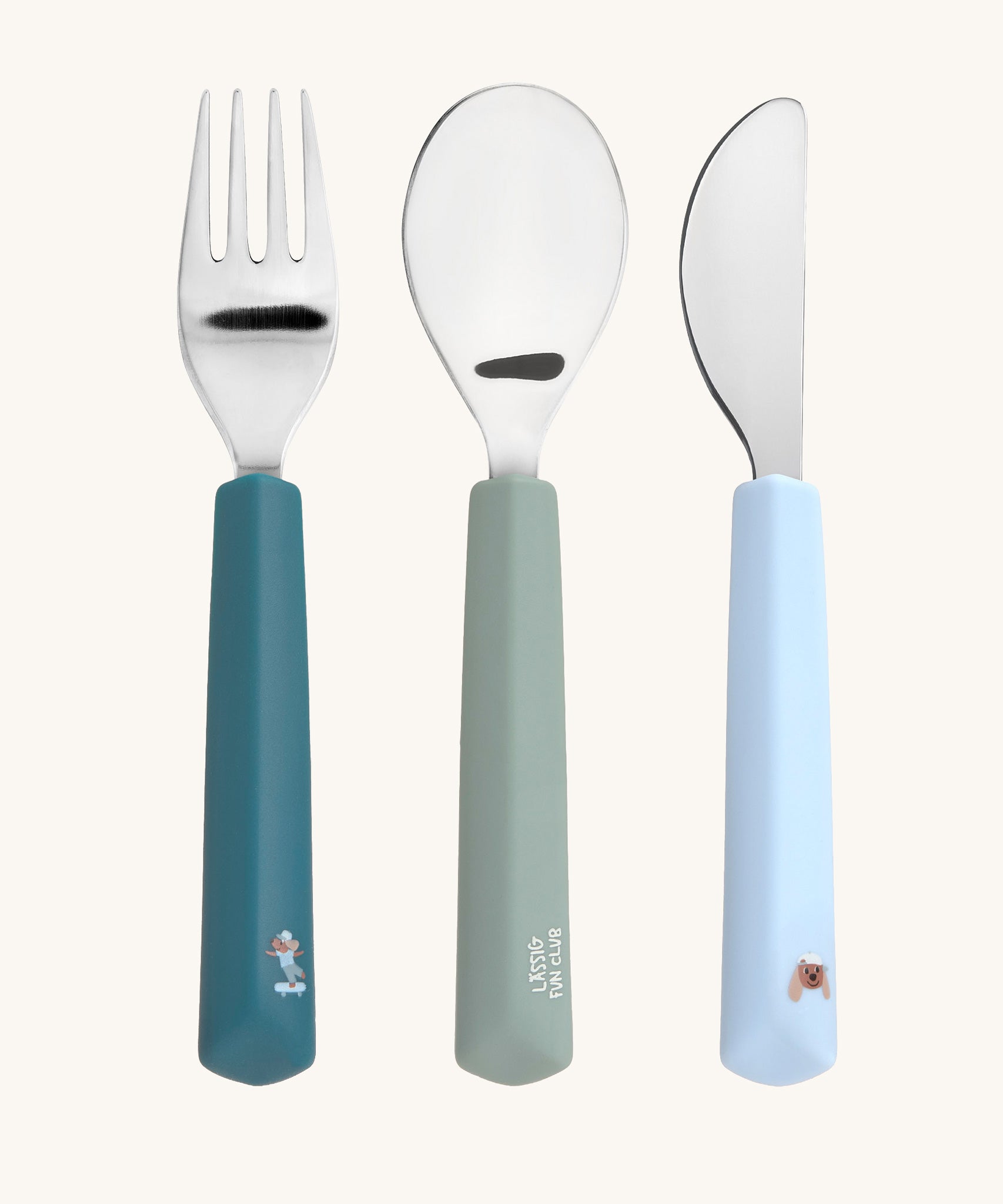 Lassig Cutlery with Silicone Handle with a Tiny Team Dog design. These green and blue coloured children's cutlery are part of a wide range of tabelware avaialable at Babipur. 