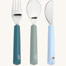 Lassig Cutlery with Silicone Handle with a Tiny Team Dog design. These green and blue coloured children's cutlery are part of a wide range of tabelware avaialable at Babipur. 