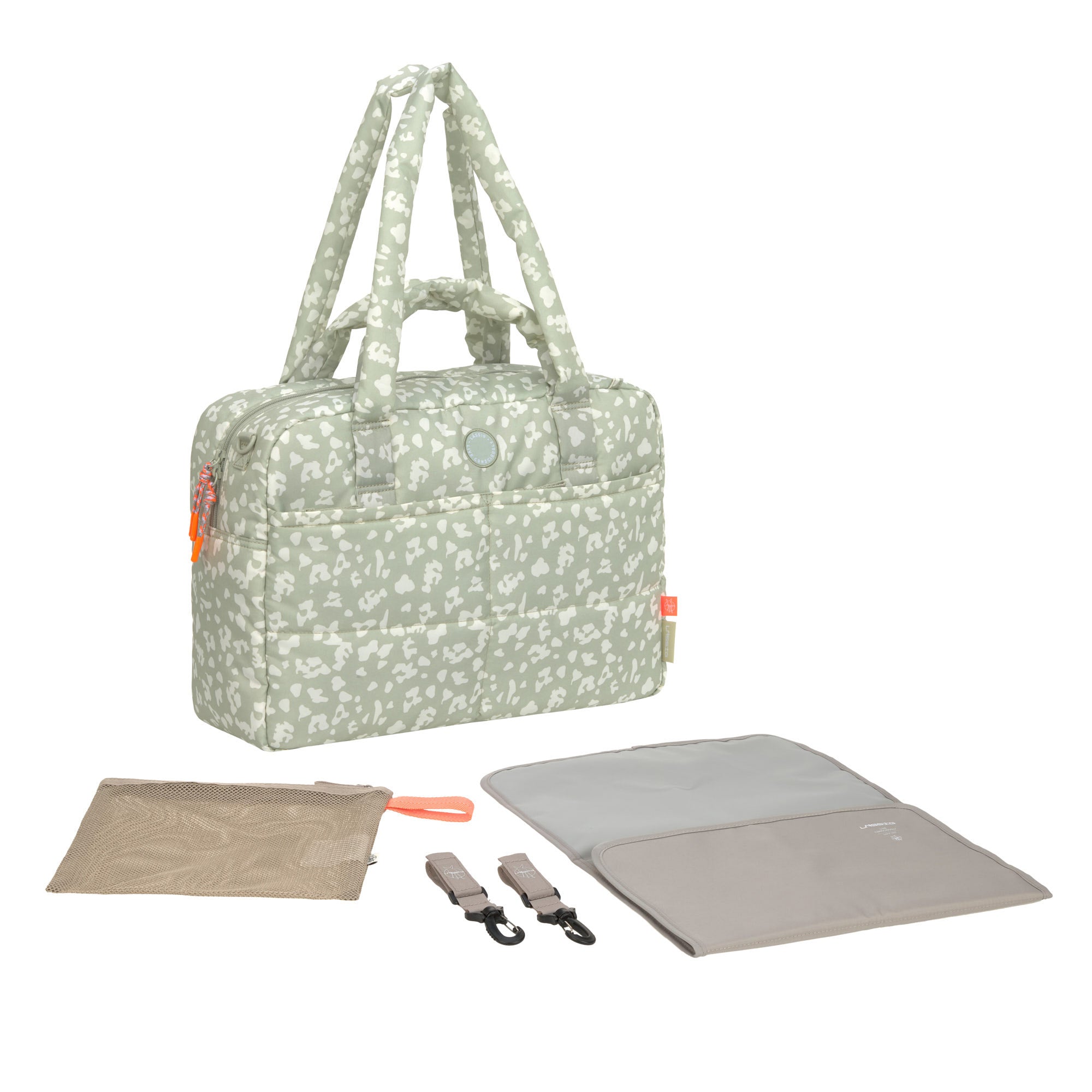 The Lassig every day change nappy bag in light khaki, with all of its extra features such as a change mat and mesh bag.