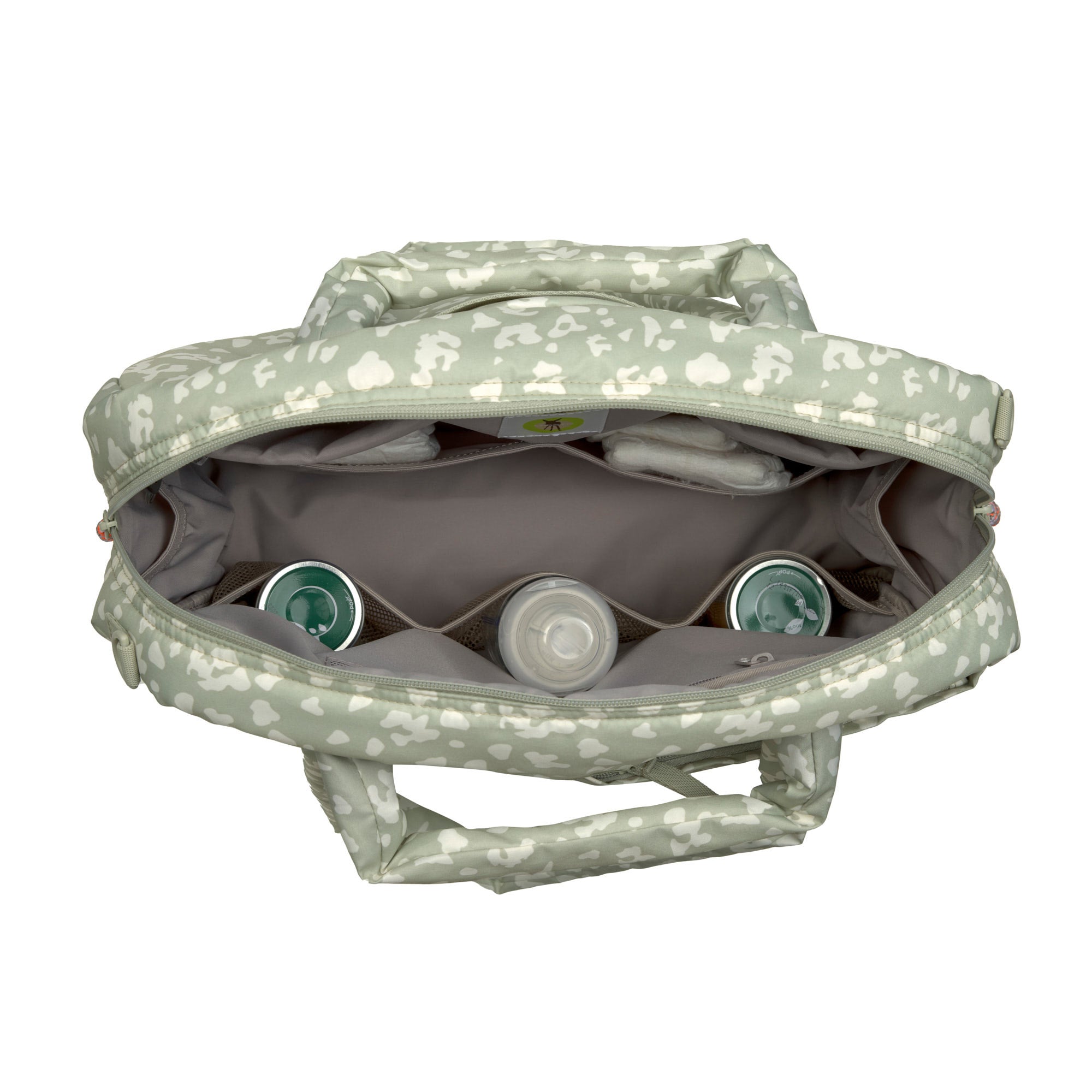 A top view of inside the Lassig every day change nappy bag in light khaki.